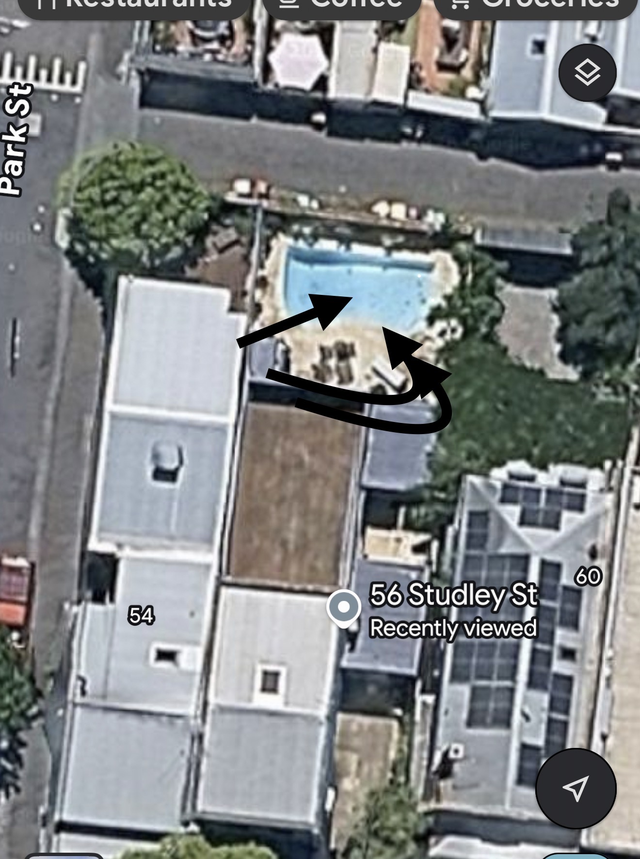 Satellite evidence showing the rear-yard pool at 56 Studley Street